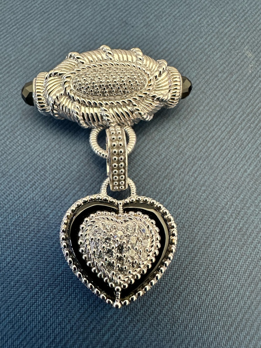Judith Ripka 925 Sterling Silver Black Onyx CZ Heart Enhancer Brooch Pin 25.8g